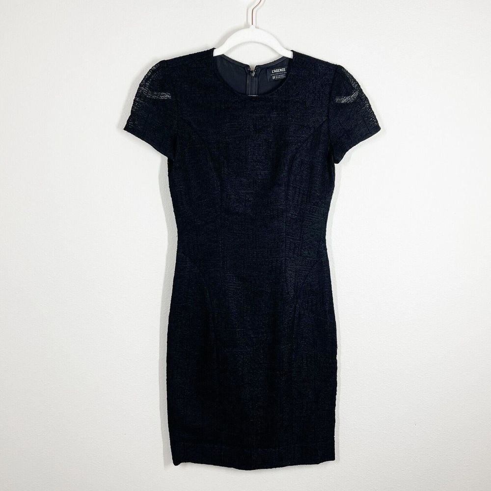 L'AGENCE Textured Sheath Mini Dress Womens Size 2 Black‎ LBD Short Sleeve
